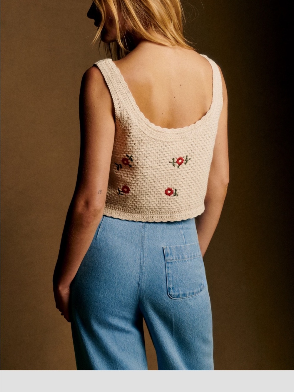 Sezane Cream Crochet Scoop-Back Tank with Red Floral Embroidery Yda top